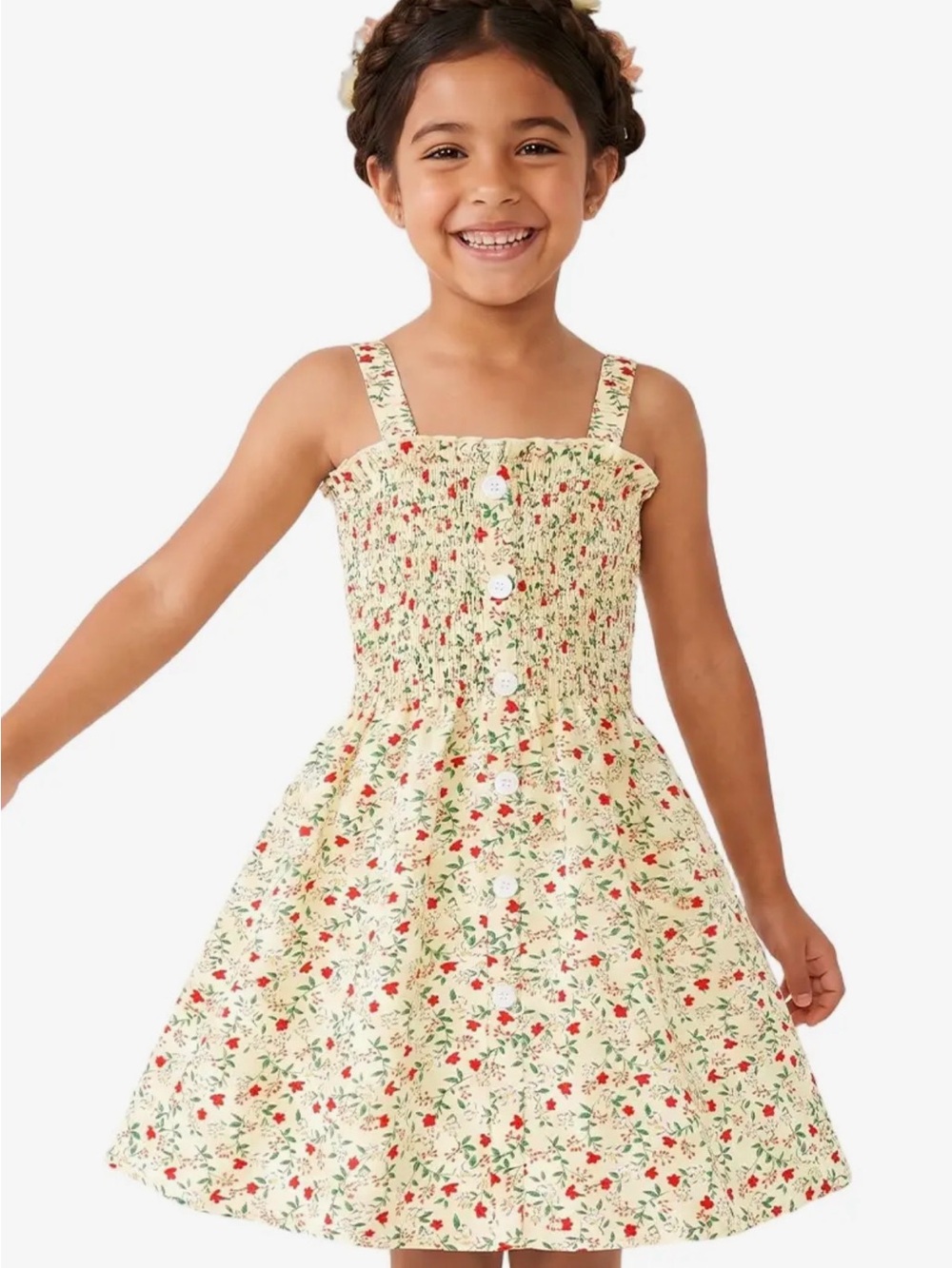 Cutie Patootie Girls Floral dress w/ Smocking & Buttons beige Red White floral